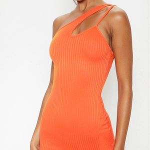 Bright Orange Asymmetric Strap Detail Dress